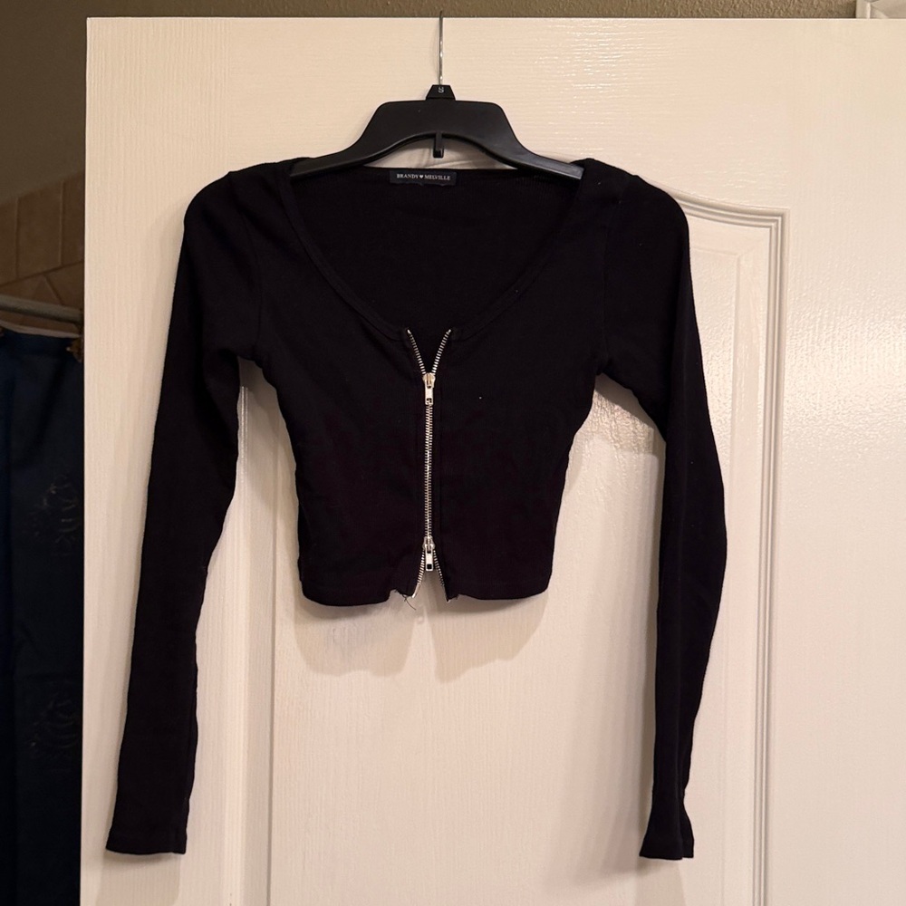 Brandy Melville Black Long Sleeve Crop Top with Zipper